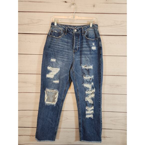 Vanilla Star Women's Blue High Rise Distressed Raw Hem Boyfriend‎ Jeans Size 11 - Picture 1 of 8